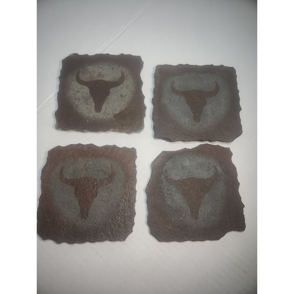 Vintage Rustic Slate Bull Skull Coasters Set of 4 Western Longhorn Decor 4x4